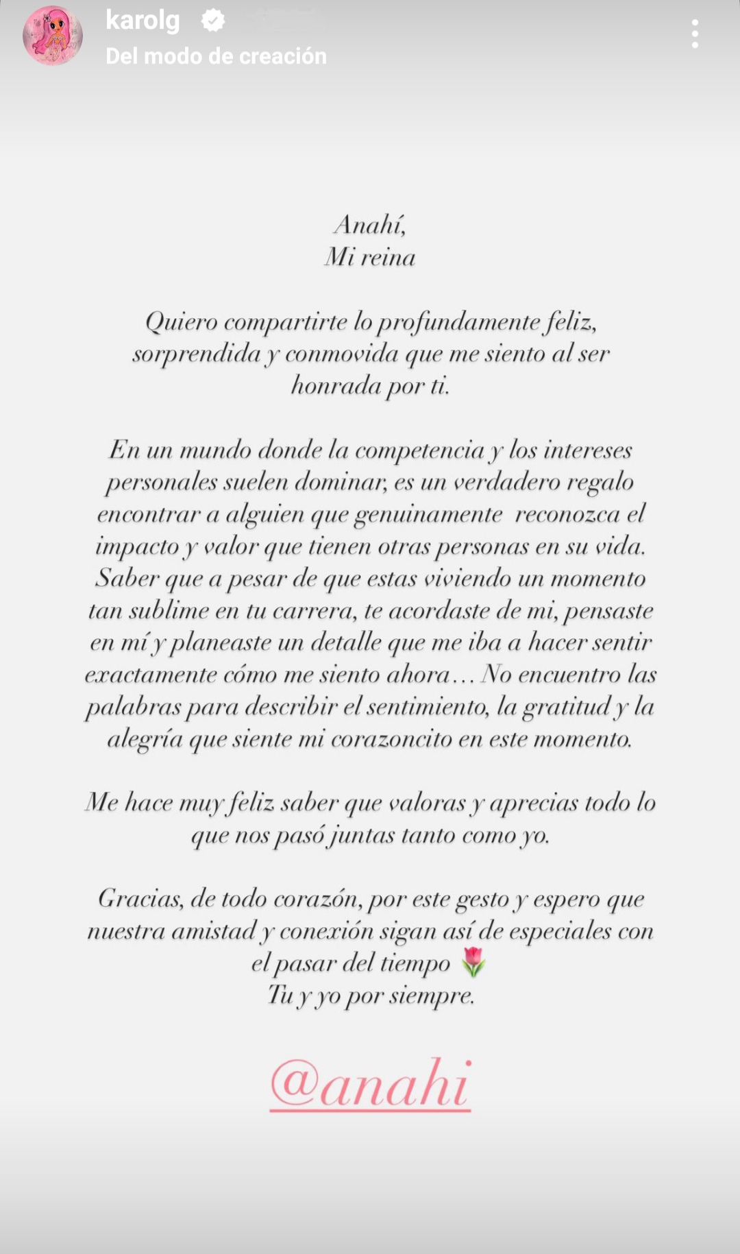 Mensaje de Karol G a Anahí