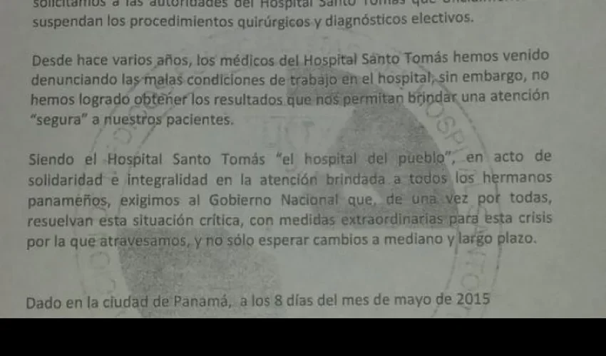 Comunicado emitido por los médicos especialistas del HST.Foto/Cortesía