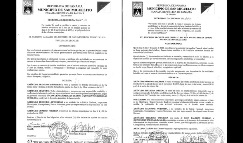 Decreto de la Alcaldía de San Miguelito por fiestas patrias. 