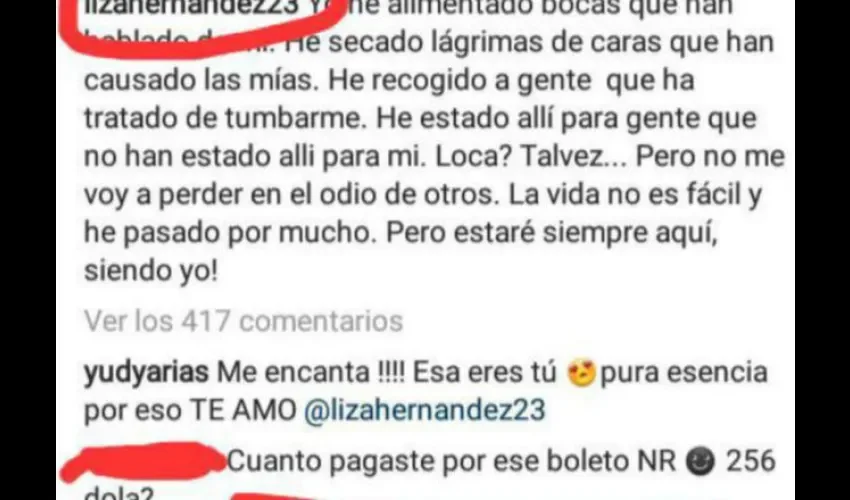 Algunos de los comentarios de los 'haters' fueron borrados por Liza.