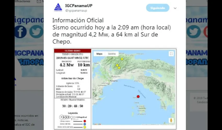 Foto ilustrativa del tuit publicado por el Instituto de Geociencias de la Universidad de Panamá.