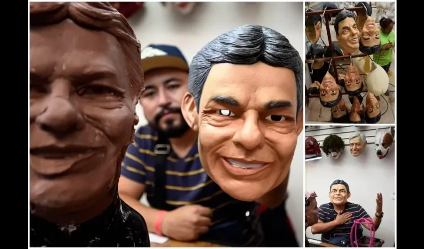 El diseñador Jorge Tecksta muestra dos máscaras del cantante mexicano recién fallecido, José José, durante una entrevista con Efe este jueves, en Cuernavaca (México). 