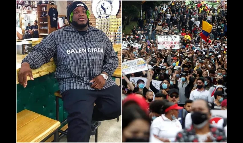 Sech y protesta en Colombia. Fotos: Instagram y EFE. 