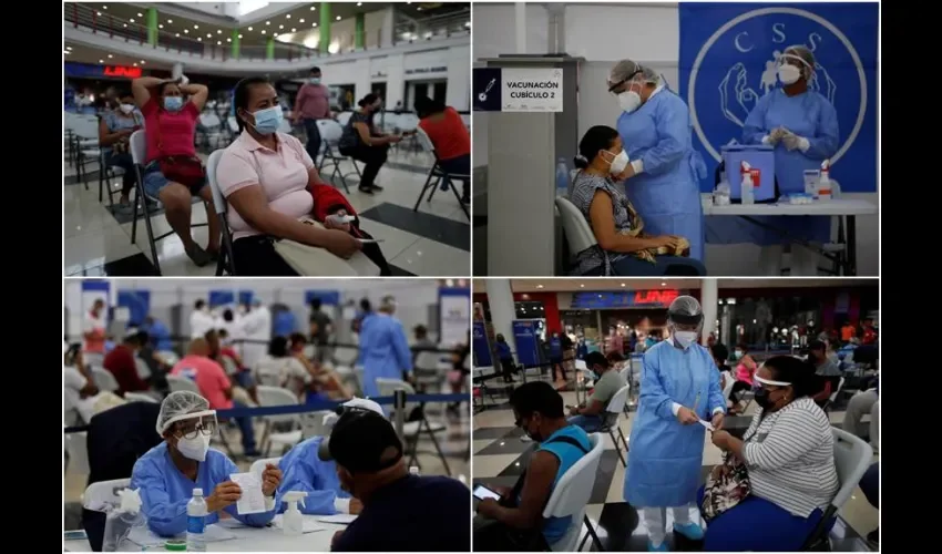 Personas hacen fila para ser vacunadas este lunes por personal médico de la Caja del Seguro Social de Panamá (CSS), con una primera dosis de AstraZeneca para combatir la Covid-19, en un centro comercial al oeste de Ciudad de Panamá (Panamá). EFE. 