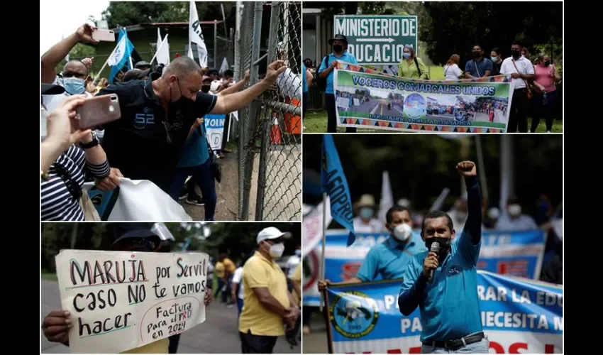Docentes protestan hoy frente a la sede del Ministerio de Eduación (Meduca) de Panamá rechazando el retorno a las aulas en medio de la pandemia, en Ciudad de Panamá. Foto: EFE. 