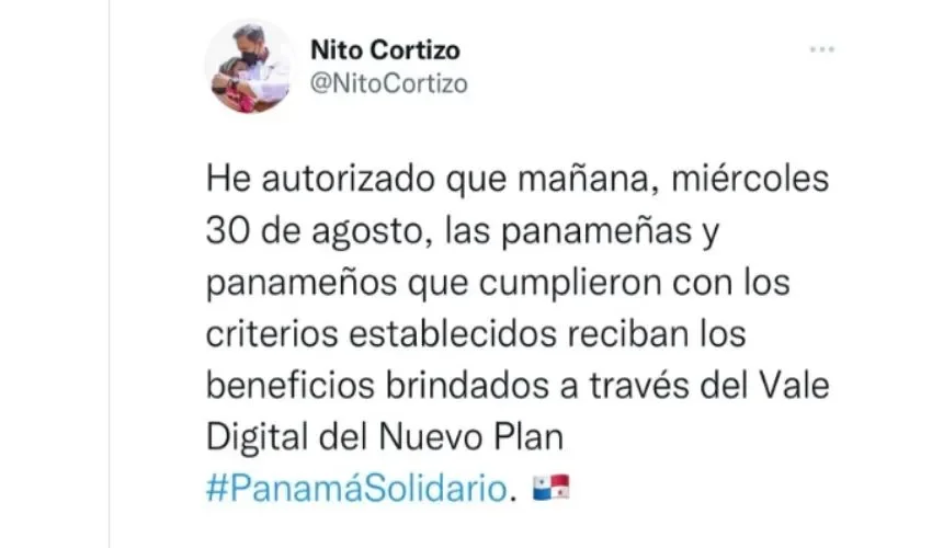 Tuit del presidente Cortizo autorizando el Vale Digital. 