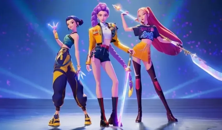 Fotograma cedido por Netflix donde aparecen los personajes (de i a d) Zoey, Rumi y Mira de la serie de animación 'KPop Demon Hunters' ('Las guerreras k-pop'). EFE/Netflix