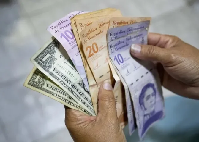  Fotografía de archivo de una persona mostrando billetes de bolívares y dólares, en Caracas (Venezuela). EFE/ Ronald Peña R 