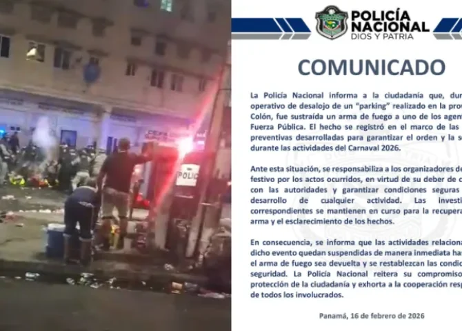  Caos en Carnaval: sustraen arma a agente durante desalojo de un 'parking' en Colón 